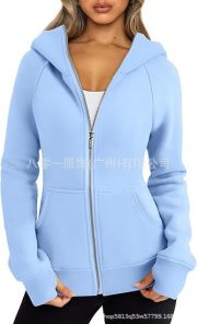 Women's Zipper Short Hood Fleece Lined Solid Color Hoodie Sweater — Army Green - Image 17
