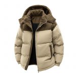 Detachable Hat Cotton-padded Coat For Couple Color Contrast Patchwork Thickened — Khaki