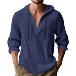 New Wish Cotton Linen Shirt Hooded Sweater Long Sleeve Hooded Casual Daily Clothing — Navy Blue