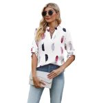 V-neck Feather Printed 34 Sleeves Loose Shirt — White