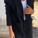 Fall And Winter Lapels Mid-length Knitted Cardigan Thin Woolen Coat — Black