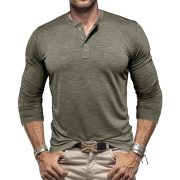 Men's Long-sleeved Henry Collar T-shirt — Matcha color - Image 9