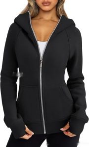 Women's Zipper Short Hood Fleece Lined Solid Color Hoodie Sweater — Army Green - Image 8
