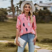 V-neck Feather Printed 34 Sleeves Loose Shirt — Black - Image 8