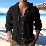 Cotton And Linen Shirt Hooded Sweater Button Long Sleeve — Black
