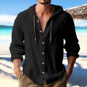 Cotton And Linen Shirt Hooded Sweater Button Long Sleeve — Navy Blue - Image 9