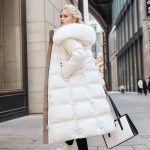 Winter Slim Long Jacket With Fur Hood And Belt Fashion Solid Hooded Coat Warm Clothing For Women — OFF White With Smooth Color