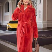 Women's Fashionable Elegant Lace-up Turn-down Collar Plush Long Coat — Red - Image 4
