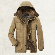 Thickened Multi-pocket Hooded Men's Cotton Coat — Khaki
