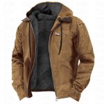 Winter Hooded Coat With Pockets Fashion Warm Fleece Zip-up Jacket Casual Outwear Men's Clothing — Camel