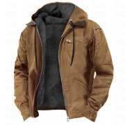 Winter Hooded Coat With Pockets Fashion Warm Fleece Zip-up Jacket Casual Outwear Men's Clothing — Camel