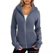 Women's Zipper Short Hood Fleece Lined Solid Color Hoodie Sweater — Army Green - Image 5