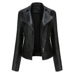 Beaded Leather Women's Long-sleeved Fashion Jacket Lapel Motorcycle Clothing Thin Women's Jacket — Black