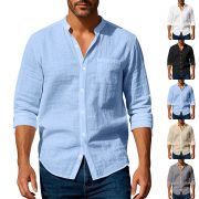 Long Sleeve Stand Collar Shirt With Pockets Casual Men's Clothing — Dark Gray - Image 2