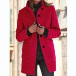 Fashion Stand Collar Woolen Coat With Pockets Fall Winter Casual Button Outwear For Women Clothing — Red