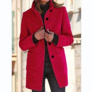 Fashion Stand Collar Woolen Coat With Pockets Fall Winter Casual Button Outwear For Women Clothing — Red