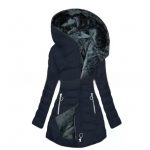 Women's Plush Hooded Mid-length Oblique Zipper Cotton-padded Coat — Navy Blue