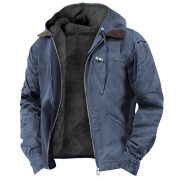 Winter Hooded Coat With Pockets Fashion Warm Fleece Zip-up Jacket Casual Outwear Men's Clothing — Camel - Image 3