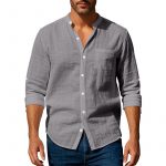 Long Sleeve Stand Collar Shirt With Pockets Casual Men's Clothing — Dark Gray