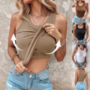 Ins Round Neck Vest With Bra Summer Solid Color Bottom Sleeveless Top Womens Clothing — Black - Image 2
