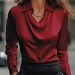 Collared Long-Sleeve Shirts Fashion Commuter Solid Color Blouse Casual Business Tops Women's Clothing — Red