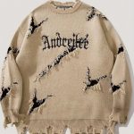 New Personality Street Jacquard Ripped Frayed Vintage Loose Sweater — Beige