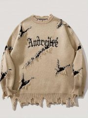 New Personality Street Jacquard Ripped Frayed Vintage Loose Sweater — Gray - Image 8