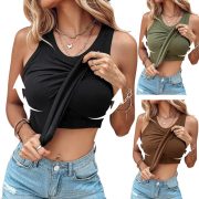 Ins Round Neck Vest With Bra Summer Solid Color Bottom Sleeveless Top Womens Clothing — Black - Image 12