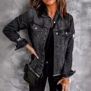Female Creative Perforated Denim Long Sleeved Shirt — Black - Image 2