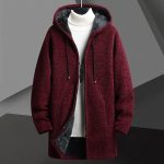 Fall Winter Men Fleece-lined Mid-length Zipper Hooded Sweater Cardigan — Wine Red