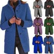Fashion Stand Collar Woolen Coat With Pockets Fall Winter Casual Button Outwear For Women Clothing — Red - Image 2
