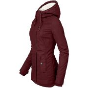 Solid Color Pocket Long-sleeve Zipper Fleece Padded Coat Women — Wine Red - Image 5