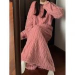 Winter Coral Fleece Sleepwear Women's Nightgown Long Night Dress Pajamas With Pockets Thickened Jacquard Dress Warm Home Clothes — Pink