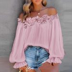Casual Blouses Shoulder Off-Shoulder Long Sleeve Top Lotus Leaf Sleeve Shirt Loose Women's Clothing — Pink