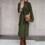 Woolen Coat Simple Fashion V-neck Lace Up Long Coat For Women — Army Green