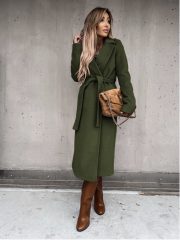 Woolen Coat Simple Fashion V-neck Lace Up Long Coat For Women — Army Green