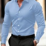 Men's Shirt Business Button Down Shirt Summer Solid Color Long Sleeve Lapel Vacation Shirt Fashion Temperament Casual Tops — Sky Blue