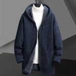 Fall Winter Men Fleece-lined Mid-length Zipper Hooded Sweater Cardigan — Blue