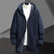 Fall Winter Men Fleece-lined Mid-length Zipper Hooded Sweater Cardigan — Dark Gray - Image 5