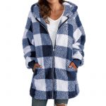 European Velvet Women's Long-sleeved Plaid Hooded Zipper With Pockets Baggy Coat — Blue