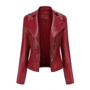 Beaded Leather Women's Long-sleeved Fashion Jacket Lapel Motorcycle Clothing Thin Women's Jacket — Beige - Image 4