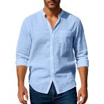 Long Sleeve Stand Collar Shirt With Pockets Casual Men's Clothing — Light Blue