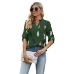 V-neck Feather Printed 34 Sleeves Loose Shirt — Dark Green