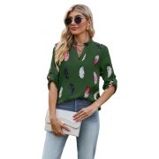 V-neck Feather Printed 34 Sleeves Loose Shirt — Black - Image 3
