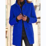 Fashion Stand Collar Woolen Coat With Pockets Fall Winter Casual Button Outwear For Women Clothing — Dark Blue