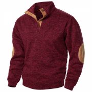 Men's Stand Collar Knitted Joint Stitching Casual Jacquard Cardigan Sweater — Wine Red