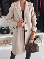 Lapel Single-breasted Wool Coat Winter Long Sleeve Solid Color Long Jacket Women Clothing — Khaki