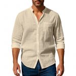 Long Sleeve Stand Collar Shirt With Pockets Casual Men's Clothing — Khaki