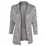 Women's Sequin Long Sleeve Temperament Mid-length Polo Collar Solid Color Coat — Gray