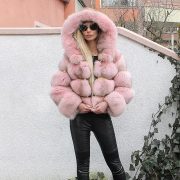 Women's Minimalist Hooded Patchwork Fur Grass Jacket — Lotus root pink